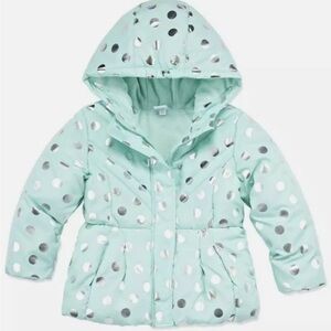 Okie Dokie Mint Green Puffer Jacket with Silver Dots Girls Size 2T